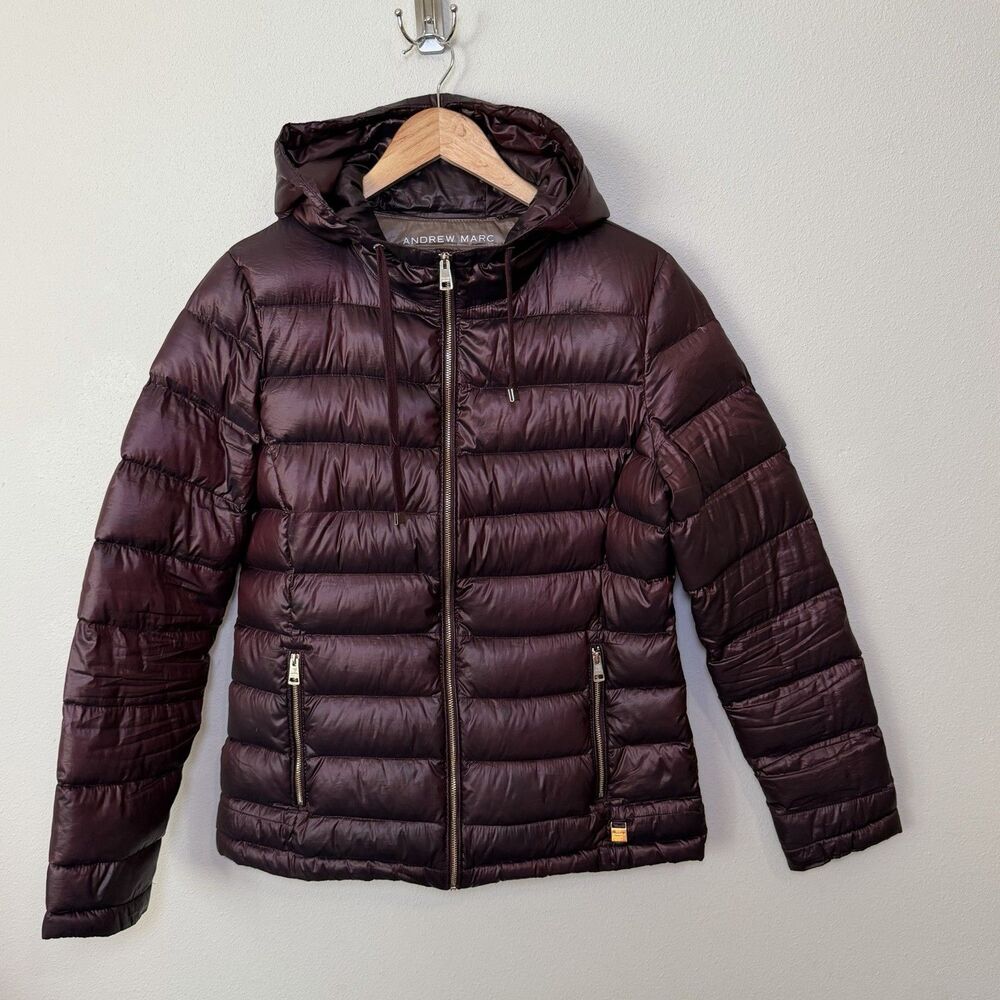 Andrew Marc Womens M Plum Burgundy Packable Down Puffer Jacket Hooded Metallic
